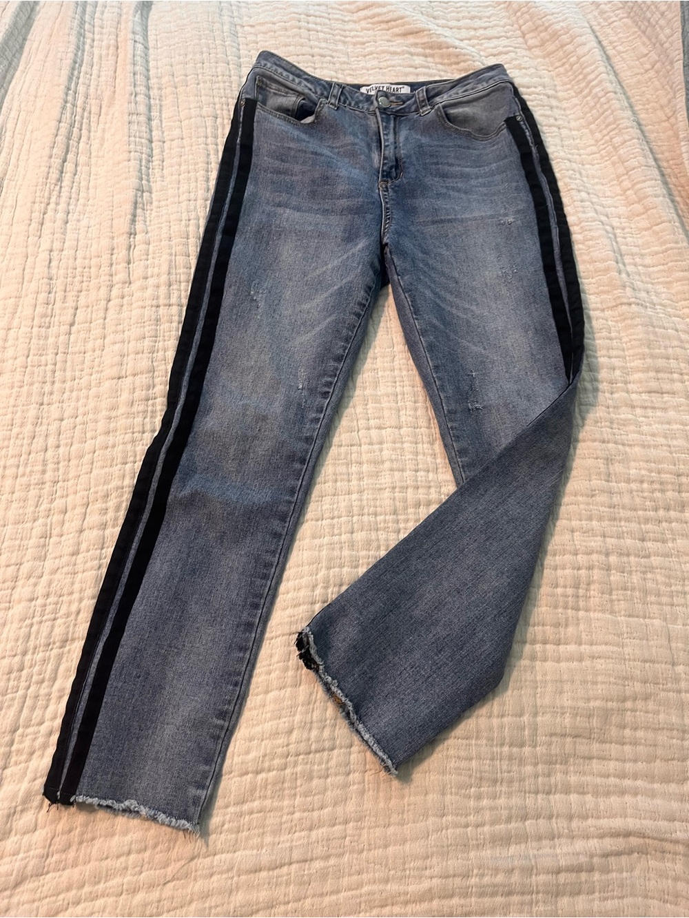 Velvet Heart Mid Blue Straight-Leg Jeans with Black Side Stripes 27